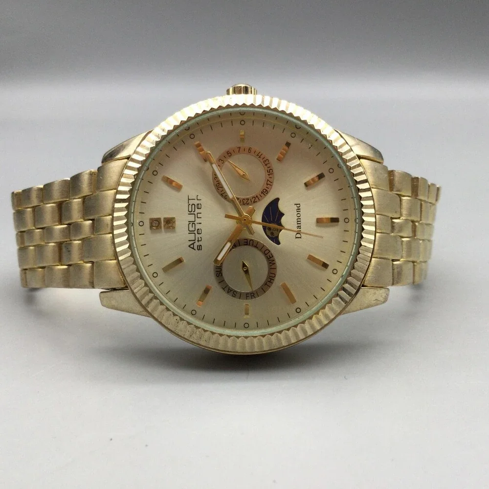 August Steiner Men Watch 40mm Gold Tone Multi-Function Moon Phase New Battery 9